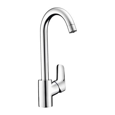 Hansgrohe MyCube köksblandare i krom med en hög välvd svängbar pip och ett sidomonterat enkelspakshandtag.