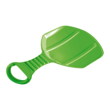 En grön plastsnösläde från Snowslider med platt, bred bas, två upphöjda åsar längs ytan och ett stort håligt handtag för lätt grepp, designad för att åka nerför snötäckta sluttningar.