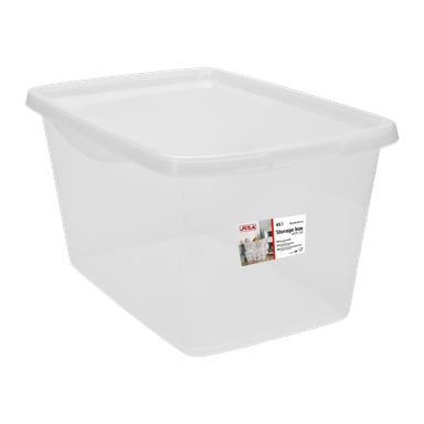 En klar jula förvaringslåda med lock står tom. En rektangulär etikett på sidan visar att den rymmer 45 liter.