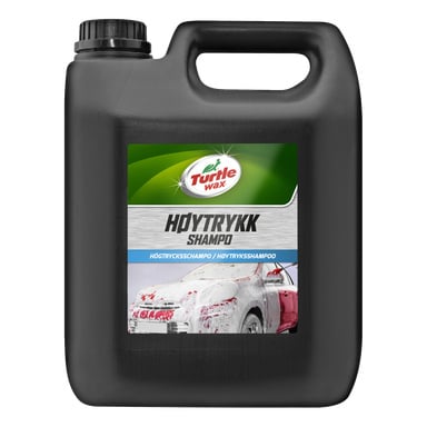 En svart plastkanna med handtag och lock märkt Turtle Wax High Pressure Shampoo, som visade en tvålig röd och vit bil på en gröngrå etikett.