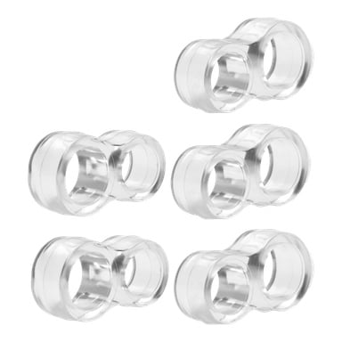 Fem buffertdelar med hårdt huvudhandtag med en klar plastdesign med dubbelring (åtta) är prydligt arrangerade.