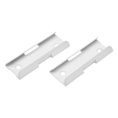 To identiske Hard Head Curtain Rail-braketter vises som en 2-pakning. Laget av sølvmetall, har hver brakett to hull og en rektangulær utskjæring, med litt hevede kanter og begge vinklet likt.