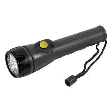 Musta käsikäyttöinen Anslut LED -taskulamppu, jossa on keltainen virtapainike, rannekkeen ja useita näkyviä LED-lamppuja kirkkaan etulinssin läpi.