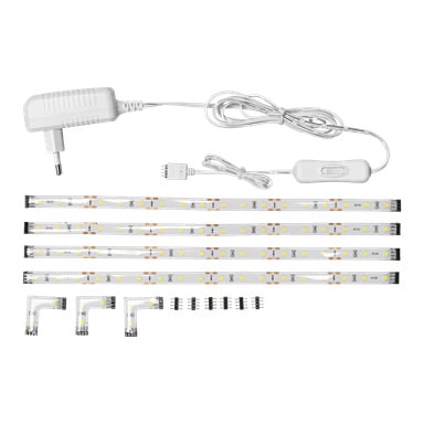 Anslut LED-remsor med 4-pack, inklusive en strömadapter, vit kabel med strömbrytare, fyra LED-ljusslingor, fyra L-formade kontakter och åttastiftskontakter som är prydligt synliga.