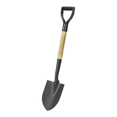 En hård spetsad spade med svart metallblad, ett trähandtag och ett svart D-format plastgrepp.