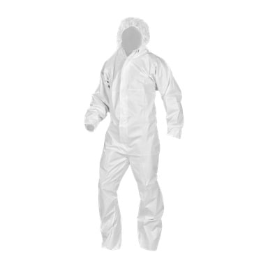 Kombinezony Bluewear Disposable przedstawione są jako biały kombinezon ochronny z kapturem, przednim zamkiem i elastycznymi mankietami na nadgarstkach i kostkach, umieszczony na niewidzialnym manekinie.