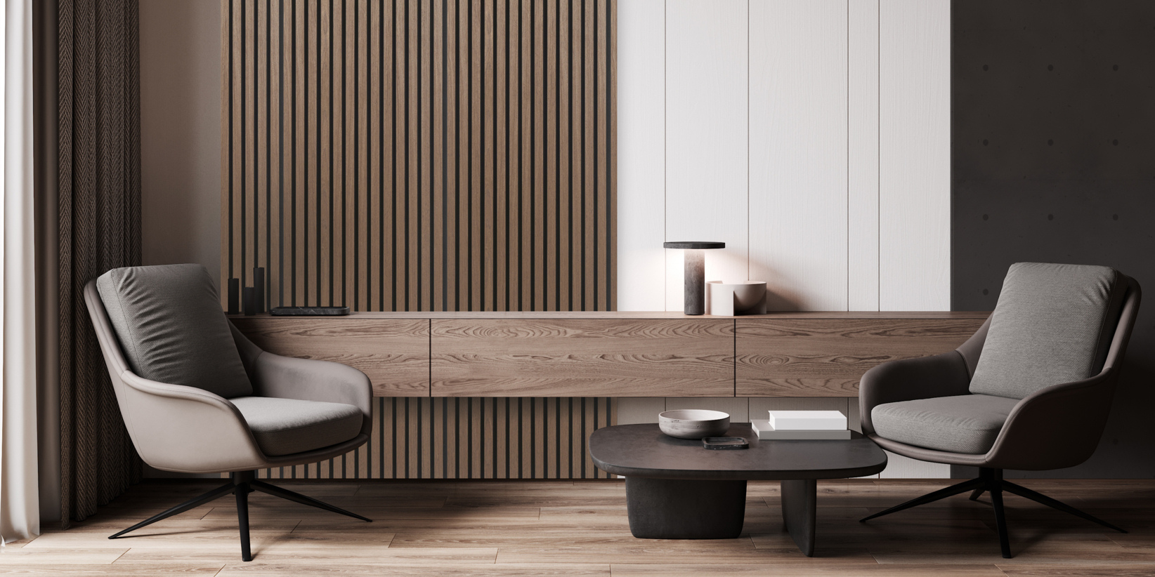 Två moderna grå fåtöljer står mot ett lågt, mörkt soffbord med böcker på. Bakom dem finns en vägg med träpanel och en flytande credenza med en minimalistisk lampa och inredning. Rummet har neutrala toner och rena linjer.