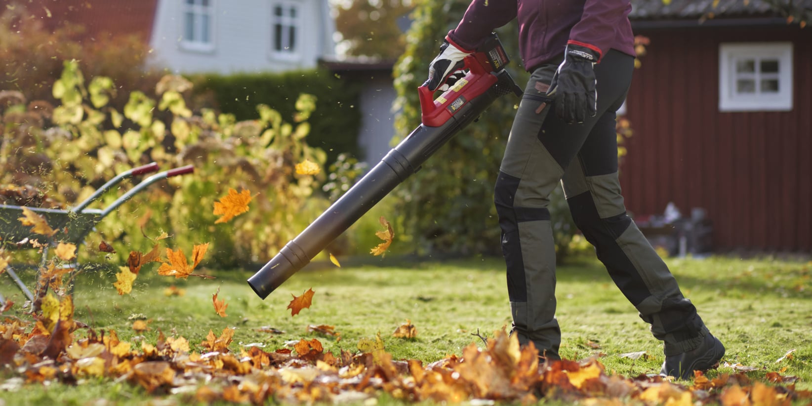 Eine Person in Handschuhen und Outdoor-Kleidung entfernt mit einem Laubbläser herabgefallenes Herbstlaub auf einer Wiese, während im Hintergrund Häuser und Gartenpflanzen zu sehen sind.