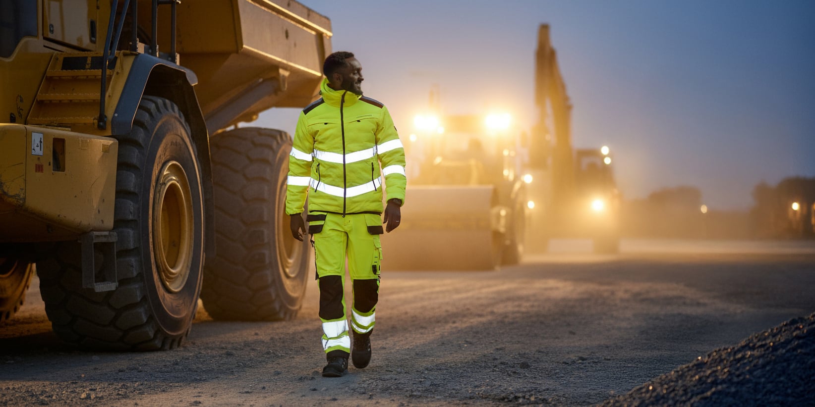 En person i en fluorescerande gul reflexdräkt går bredvid stora byggfordon på en dammig arbetsplats i skymningen, med fordonens strålkastare som lyser upp scenen. Bilden är gjord med hjälp av ai.