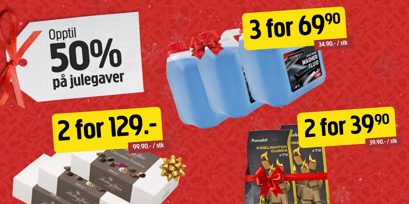 Annonse med tre blå spylervæskekanner 3 for 69,90, sjokolade 2 for 129, fyrtøy 2 for 39,90, opptil 50 % rabatt på gaver i rødt.