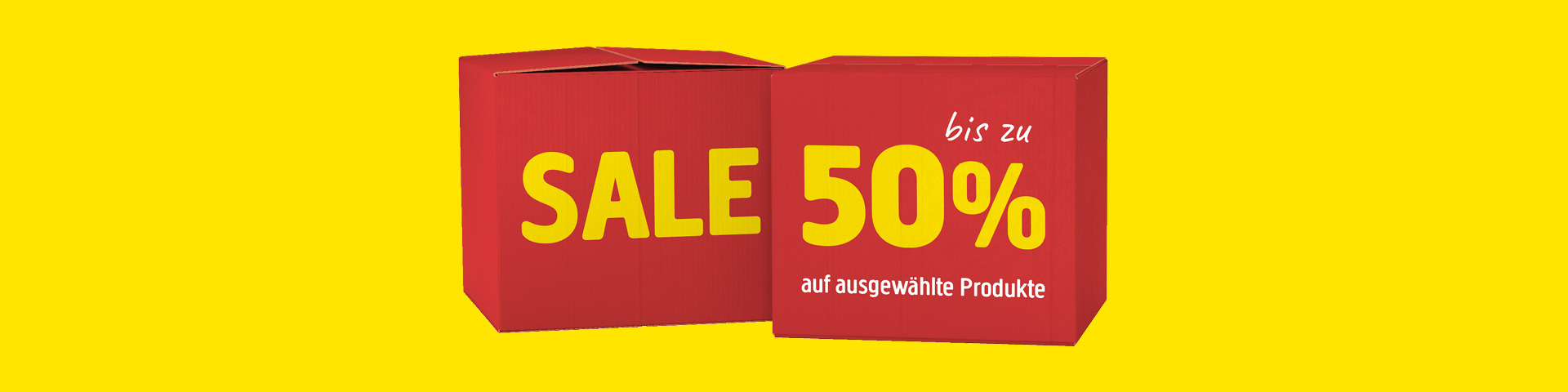 Zwei rote Kästen mit gelbem und weißem Text auf leuchtend gelbem Hintergrund. In der linken Box steht SALE; in der rechten Box steht bis zu 50 % auf ausgewählte Produkte.