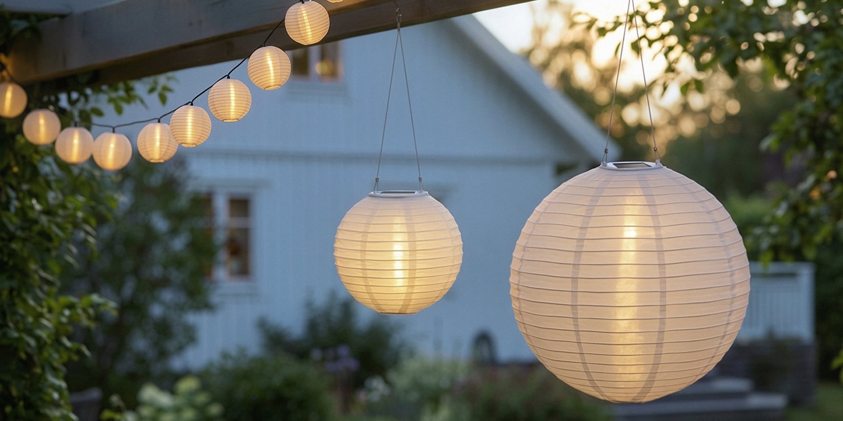 Vita papperslyktor och ljusslingor lyser mjukt i skymningen från en träram, med ett hus och träd i bakgrunden.