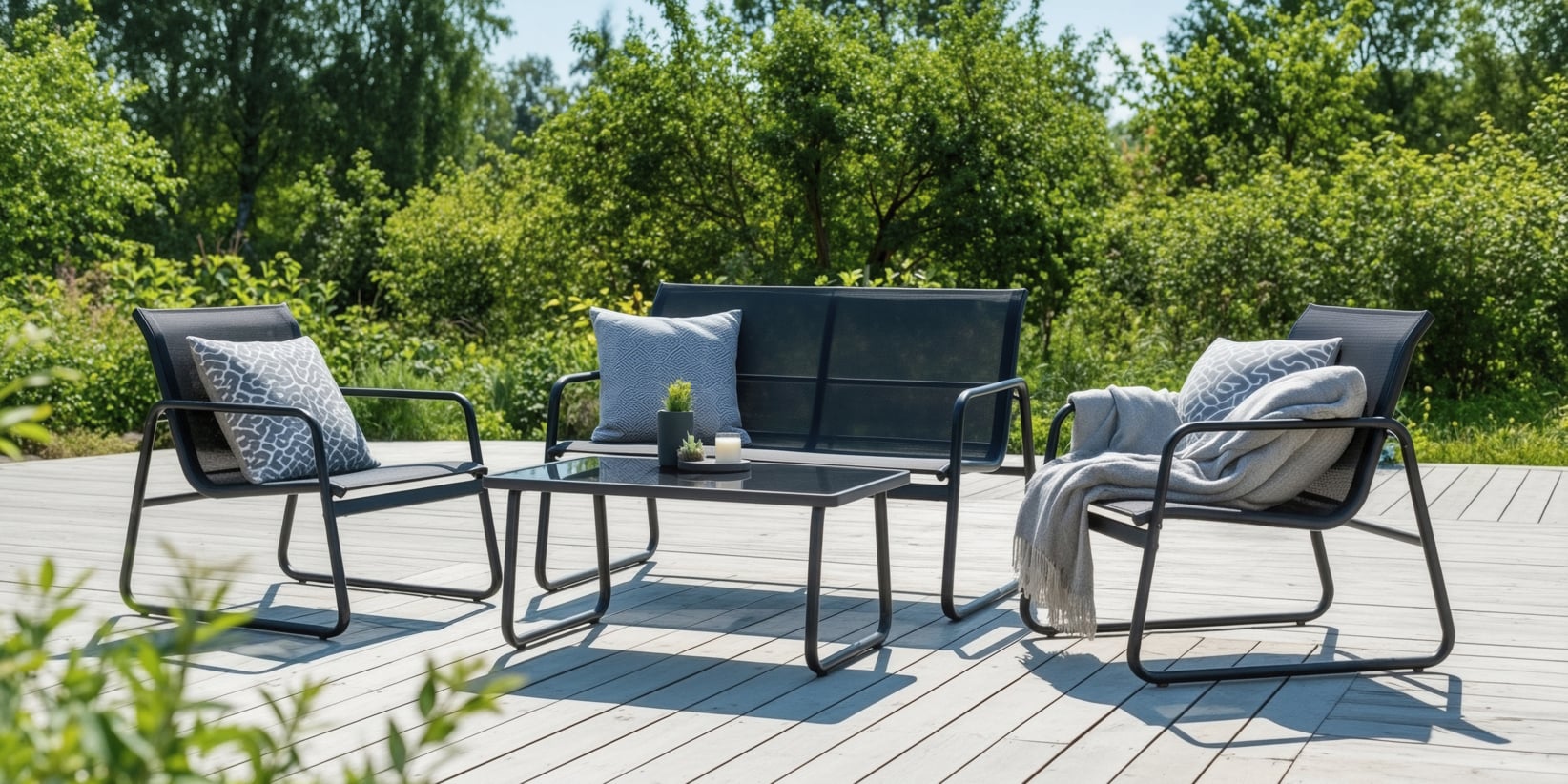 En elegant uteplats med ett svart metallbord, två stolar och en bänk med grå kuddar på en träaltan bland frodig grönska.