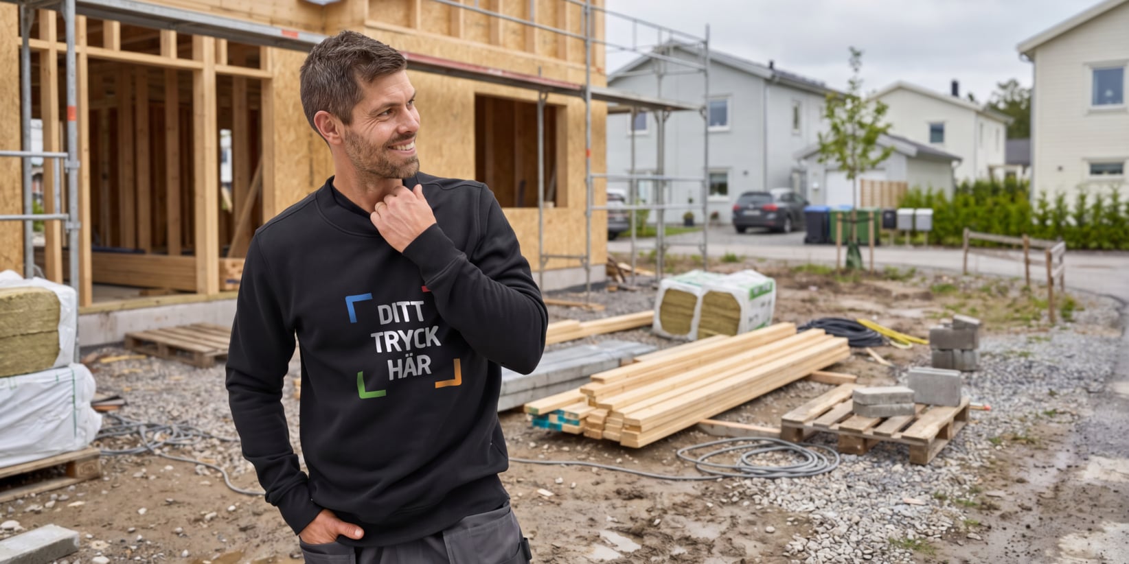 En man ler och tittar åt sidan mot en byggarbetsplats, iklädd en svart sweatshirt märkt "DITT TRYCK HÄR" bland byggmaterial.
