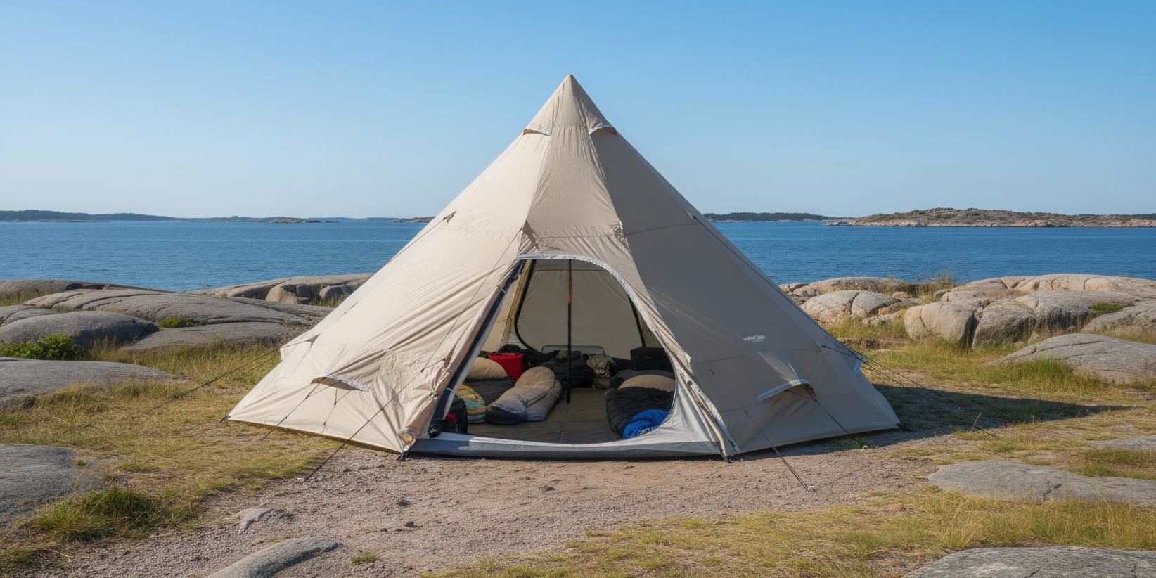 Ett beige tipitält på stenig mark nära stranden, dörren öppen och sovsäckar där inne. Hav och öar under blå himmel.