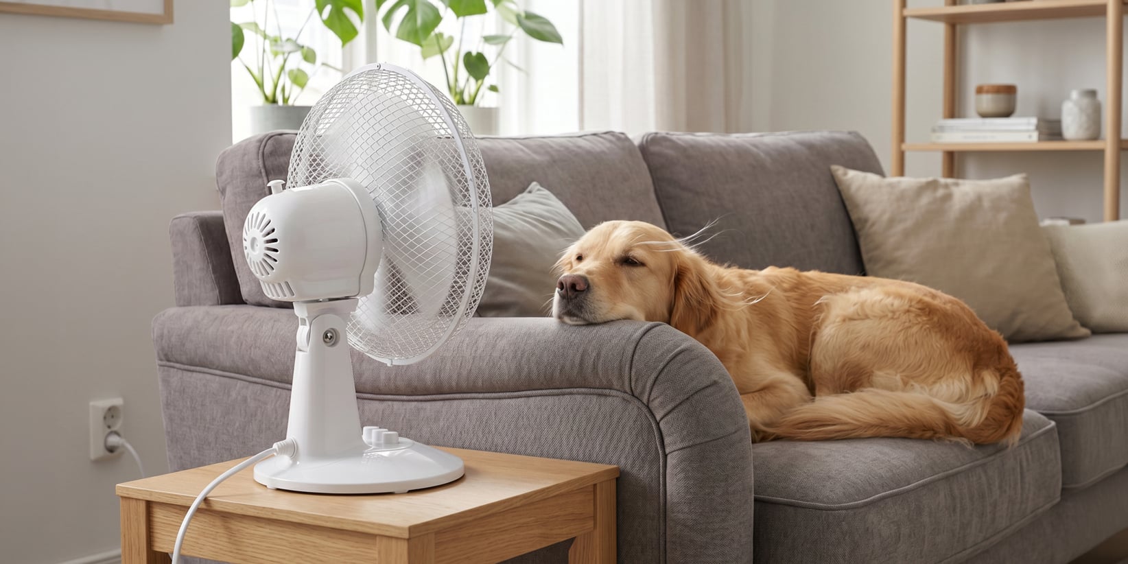 Ein Golden Retriever liegt auf einer grauen Couch, den Kopf auf der Armlehne, einem Fächer zugewandt. Sonnenlicht und grüne Pflanzen sind im Hintergrund.