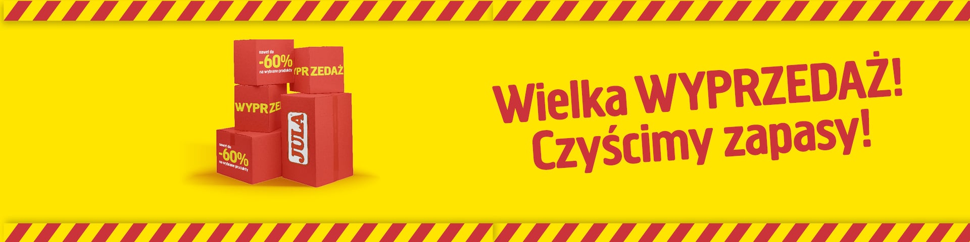 Żółty baner z czerwonymi polami „Jula” – rabaty do 60%. Nagłówek: Wielka WYPRZEDAŻ! Wyprzedajemy zapasy! Czerwono-żółta ramka w paski ostrzegawcze.