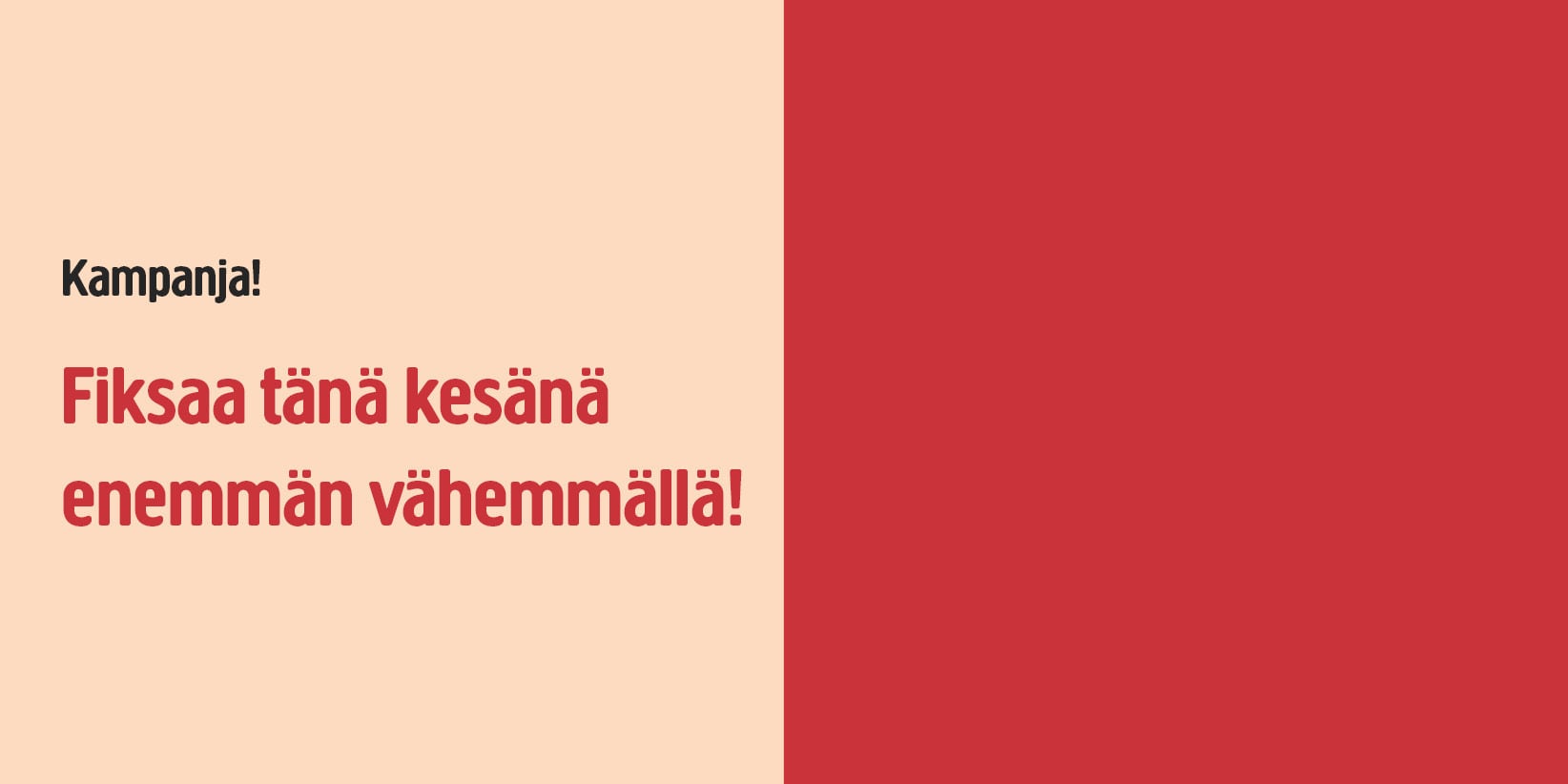 Kaksivärinen kuva, jonka vasen puoli on vaaleanbeige ja oikea puoli punainen. Vasemmalla puolella lukee teksti: ”Kampanja! Korjaa enemmän tänä kesänä edullisemmin!” mustalla ja lihavoidulla punaisella fontilla.