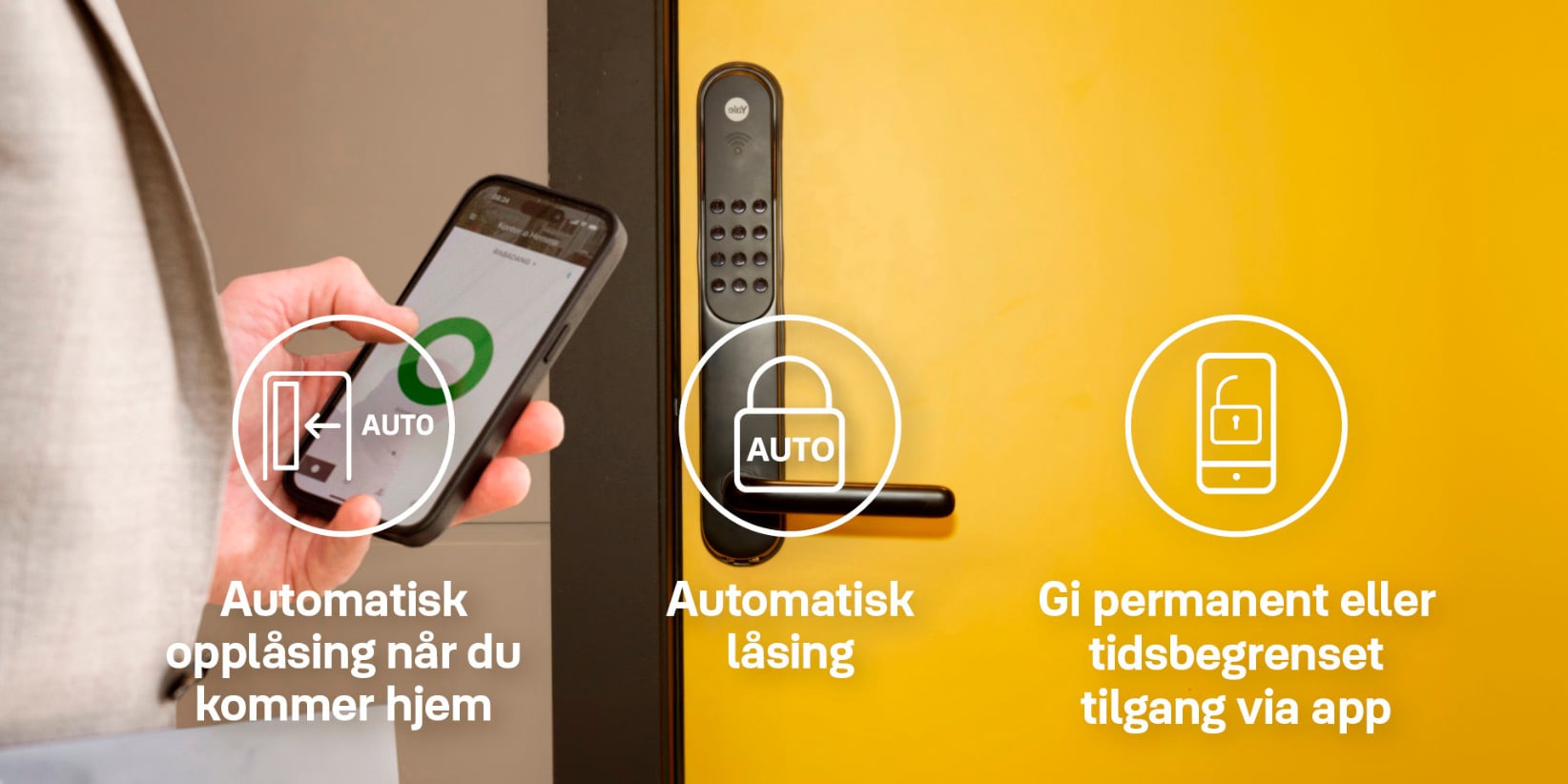 En person holder en smarttelefon rettet mot et smart dørlås som er montert på en gul dør. Tekst som vises over bildet fremhever de viktigste funksjonene: automatisk opplåsing, automatisk låsing og deling av tilgang via app.