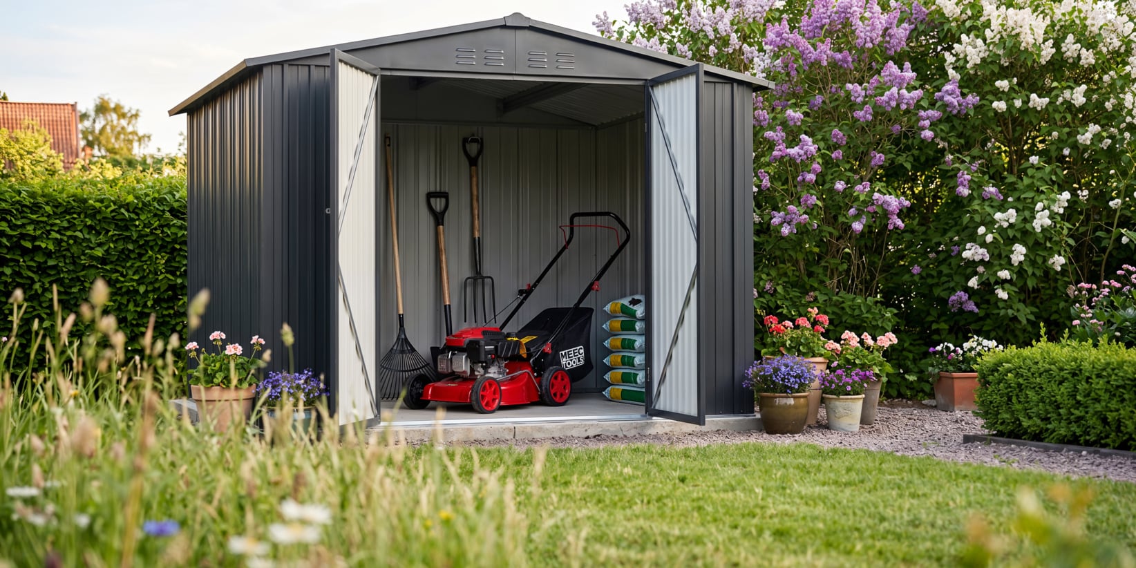 Ein Metall-Gartenschuppen steht mit weit geöffneten Türen und gibt darin einen Rasenmäher, eine Harke, eine Schaufel und ordentlich gestapelte Töpfe frei. Der Schuppen ist von Blumen und üppigen Pflanzen umrahmt, während sich ein frisch gemähter Rasen über die Vorderseite erstreckt.