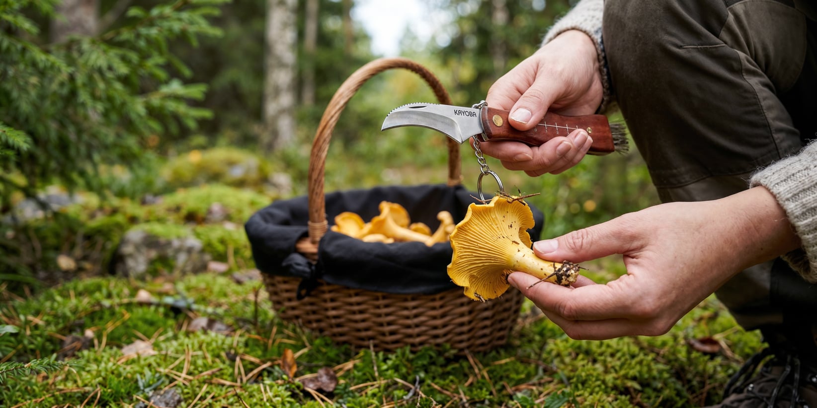 Någon håller en gul svamp och en böjd kniv vid en korg fylld med matchande svampar, allt placerat i en skog med frodigt grönt mossa och träd runtomkring.
