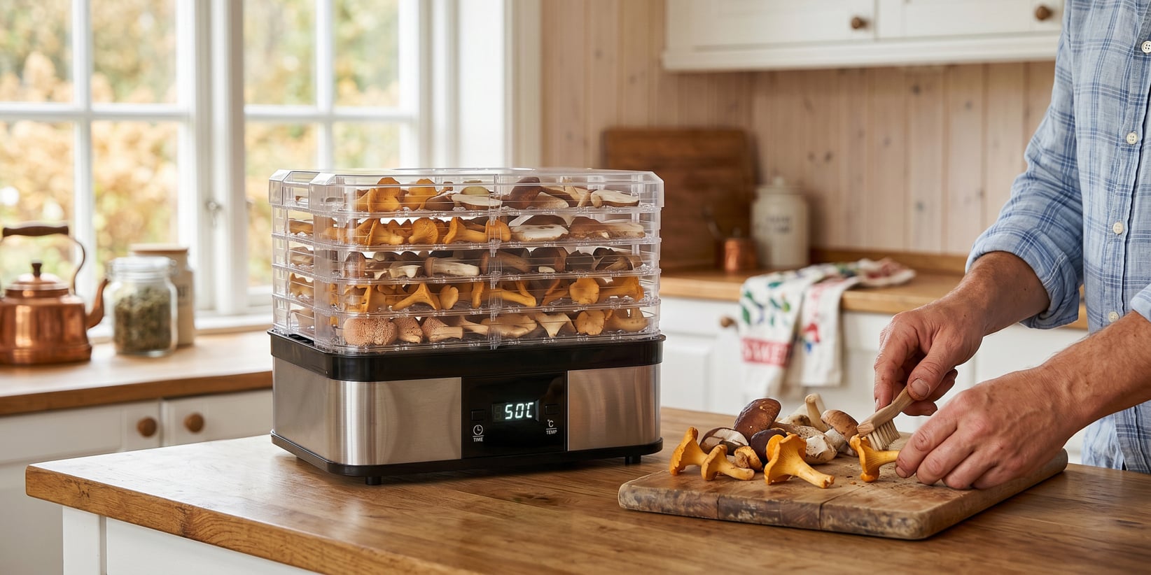 Någon skär svamp på en träskärbräda i köket, medan en närliggande matdehydrator fylld med svamp står på bänken.