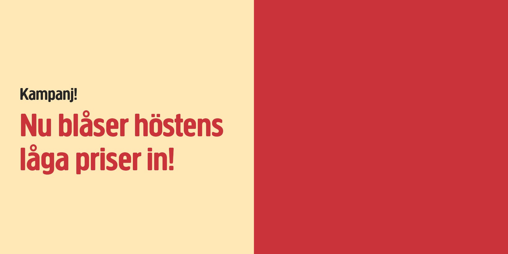 Texten på en bakgrund som är delad i beige och rött lyder: Kampanj! Höstens låga priser är här! Texten är placerad till vänster, med en helt röd del till höger.