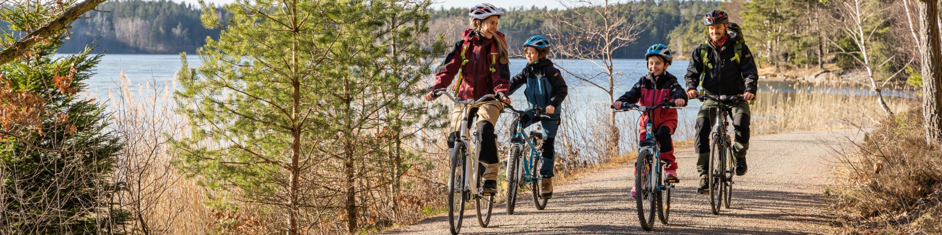 Zwei Erwachsene und zwei Kinder fahren Fahrrad auf einem asphaltierten Weg am See, umgeben von Bäumen und grünem Grün. Alle tragen Helme und Outdoor-Kleidung und scheinen ihre Gruppenradtour zu genießen.