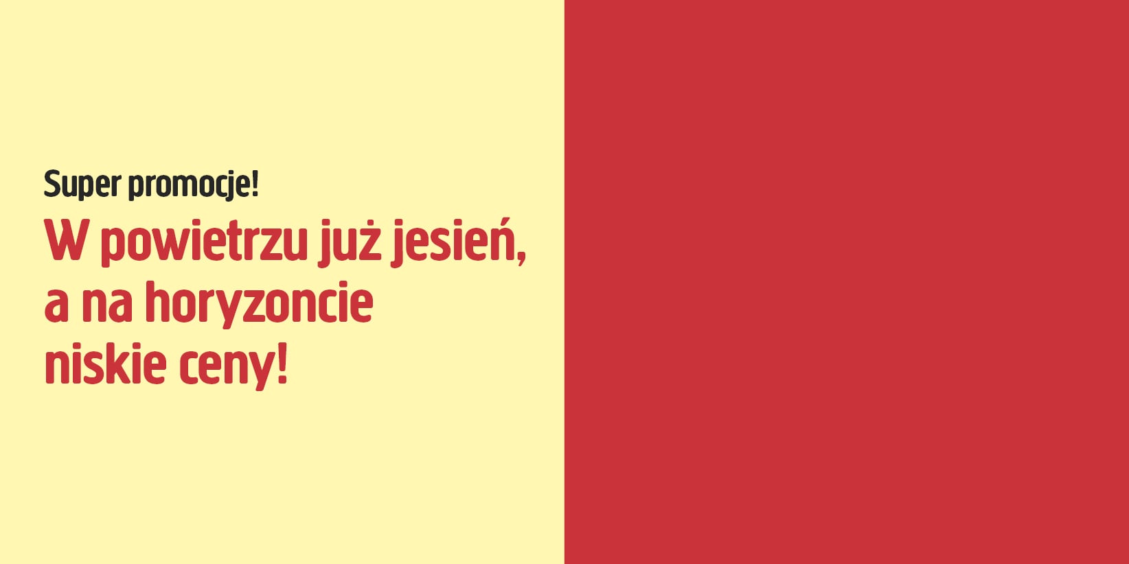 Na tle podzielonym na żółtą i czerwoną część widnieje pogrubiony napis: „Niesamowite okazje! W powietrzu czuć jesień, a na horyzoncie pojawiają się niskie ceny”, co podkreśla sezonowe promocje.