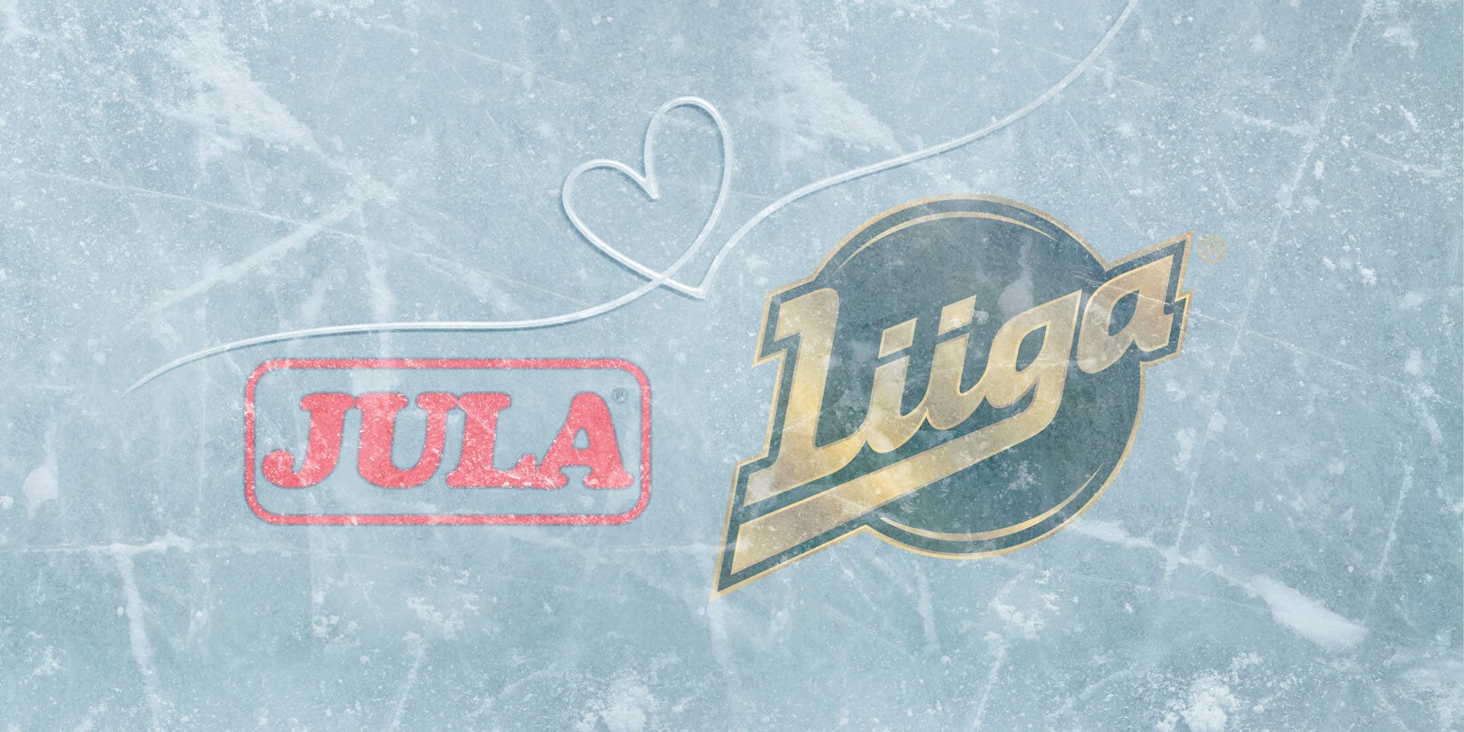 Jäällä vasemmalla puolella näkyy punainen ”Jula”-logo, kun taas oikealla puolella on kultainen ja musta ”Liiga”-logo. Niitä yhdistää valkoinen sydämen ääriviiva.