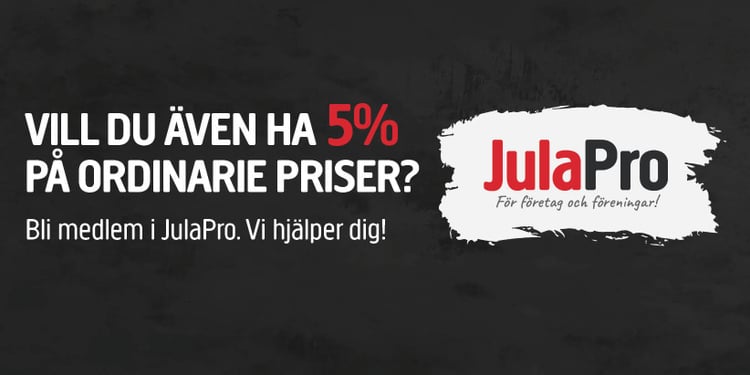 Svart bakgrund med vit och röd text på svenska som erbjuder 5% rabatt på ordinarie priser för JulaPros medlemmar. JulaPros logotyp visas till höger med slogan För företag och föreningar!.
