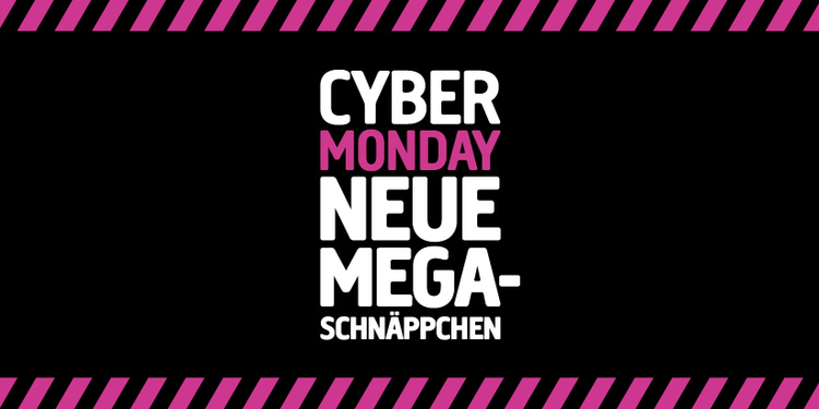 Text auf schwarzem Hintergrund mit rosa Diagonalstreifen lautet: Cyber Monday Neue Mega-Schnäppchen, "Monday" in rosa, Rest in weiß.