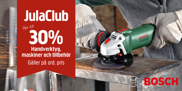 Handskbeklädda händer använder en Bosch vinkelslip på metall. En röd banner visar JulaClub med upp till 30 % rabatt på verktyg; Bosch-logotyp nere till höger.