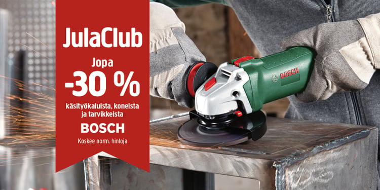 Hansikkainen henkilö hioo metallia Bosch-kulmahiomakoneella, jolloin kipinät lentävät. Punainen banneri tarjoaa jopa 30 prosentin alennuksen Bosch-työkaluista ja -tarvikkeista.