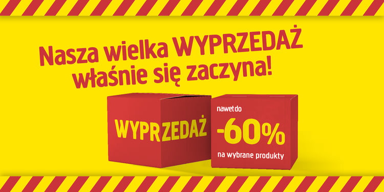 Żółte tło z czerwonymi paskami i dwoma czerwonymi ramkami reklamuje wielką wyprzedaż, w ramach której na wybrane produkty oferowane są rabaty sięgające nawet 60%.