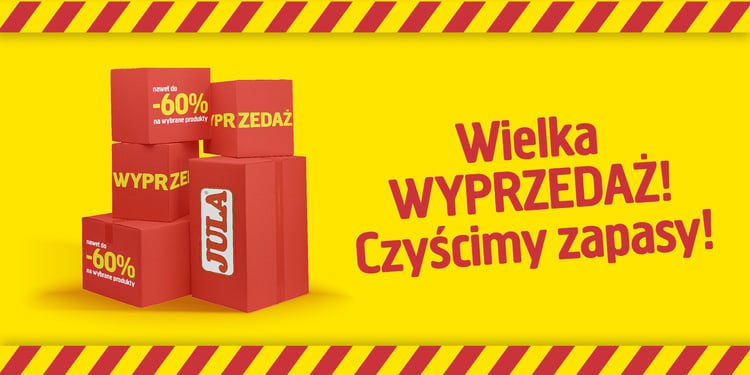 Czerwone pudełka z napisami informującymi o rabatach sięgających nawet 60%, zawierające komunikaty zapowiadające wielką wyprzedaż i wyprzedaż końcówek serii.
