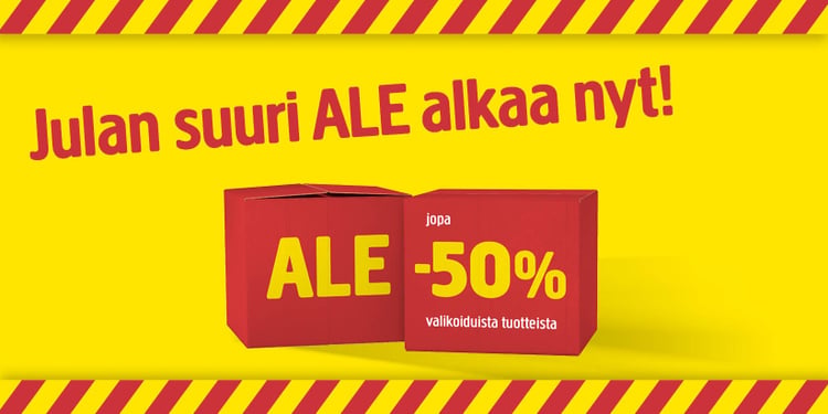 Keltaisella taustalla on kaksi punaista laatikkoa, joissa lukee: ”Julan suuri ALE alkaa nyt! ALE jopa -50 % valikoiduista tuotteista.” Reunus on punainen ja keltainen raidallinen.