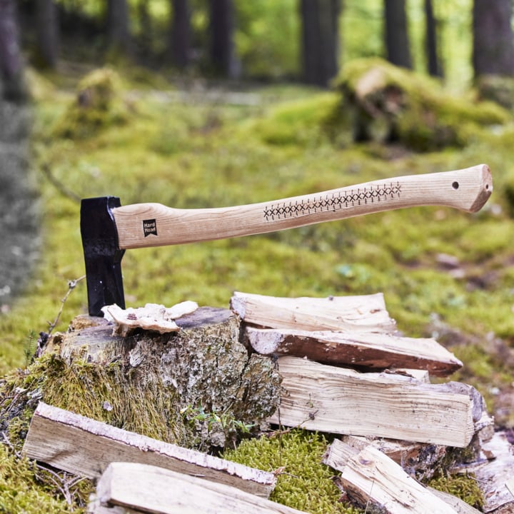 Eine Axt mit Holzstiel, die in einem Baumstumpf steckt, liegt zwischen gespaltenem Brennholz auf einem moosbedeckten Waldboden, hinter dem hohe Bäume und üppiges Grün.