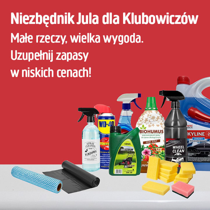 Różne środki czyszczące - butelki ze sprayem, gąbki, niebieskie ściereczki, worki na śmieci - ułożone razem z tekstem powyżej.