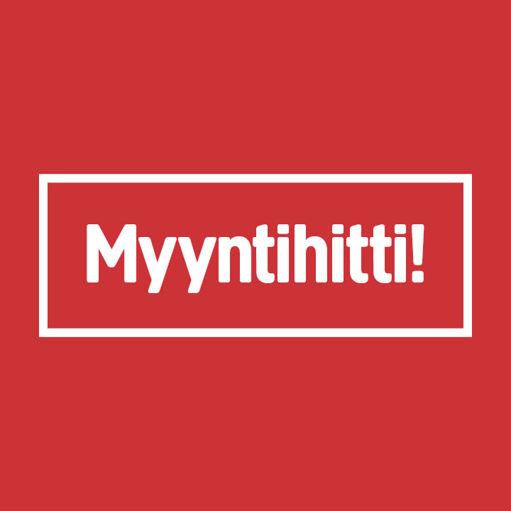 Lause Myyntihitti! näkyy valkoisella, valkoisen suorakulmion keskellä punaisella taustalla.