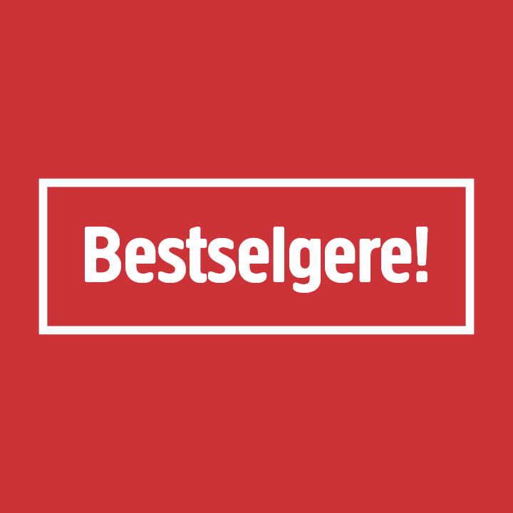 Ordene Bestselgere! står i hvitt, sentrert i et hvitt rektangel på en fet rød bakgrunn.