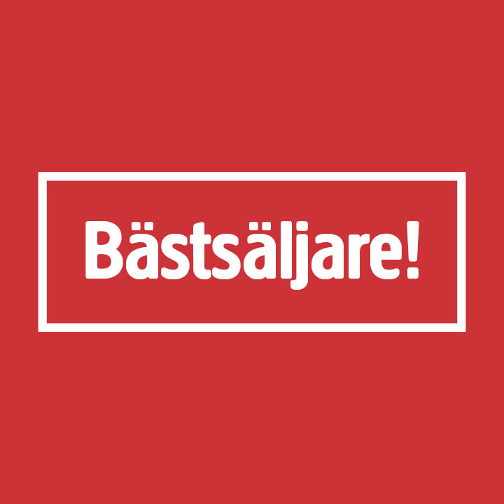 Centrerad vit text som säger Bästsäljare! visas på en röd bakgrund, omgiven av en tunn vit rektangulär kant.