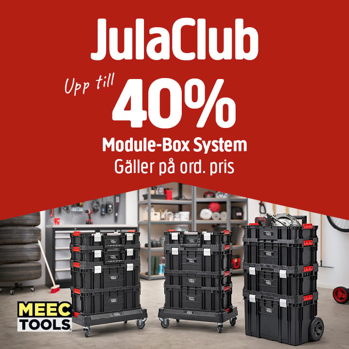 Kampanjbild med JulaClubs upp till 40% rabatt på MEEC Tools modul-lådor, svarta verktygslådor staplade i en verkstad.