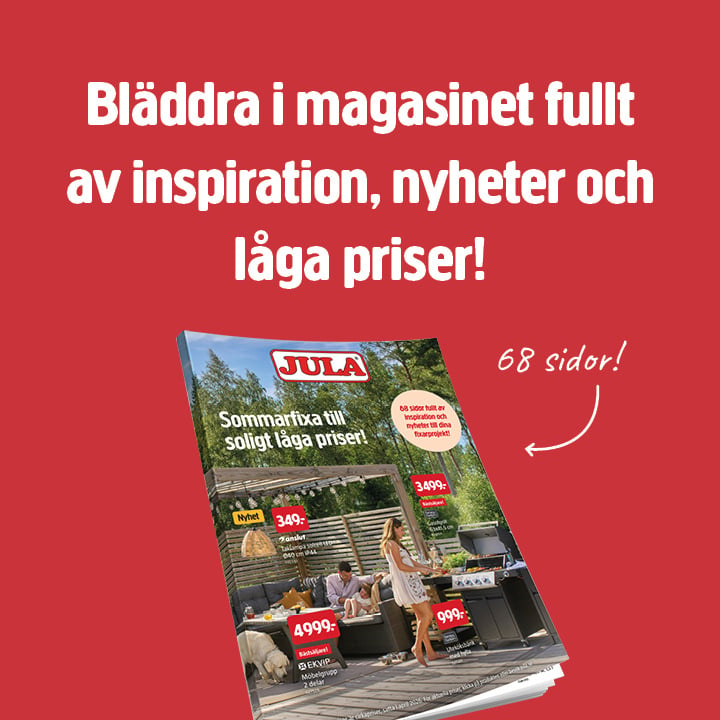 En annons visar "Bläddra i en tidning full av inspiration, nyheter och låga priser!" ovanför en Jula-katalog för utemöbler, "68 sidor!" i vitt.
