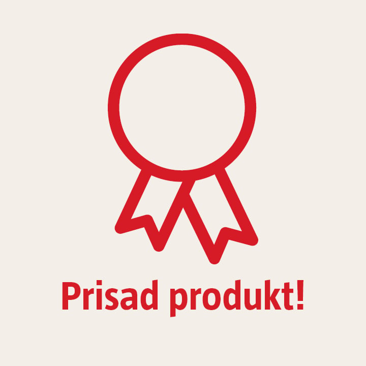 En enkel röd kontur av ett prisband ovanför texten "Prisad produkt!" på en ljus bakgrund, vilket indikerar en prisbelönt produkt.