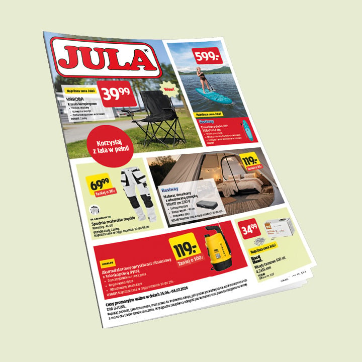 Ulotka sklepu Jula z artykułami outdoorowymi i gospodarstwa domowego, cenami i zdjęciami. W ofercie: składane krzesło, pianka, grill, opryskiwacz ogrodowy.