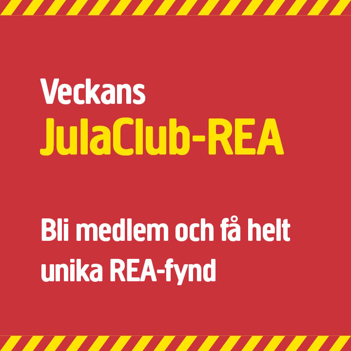 En röd reklambanner med gula diagonala ränder längst upp och längst ner, med texten: ”Veckans JulaClub-REA” och ”Bli medlem och få helt unika REA-fynd”.