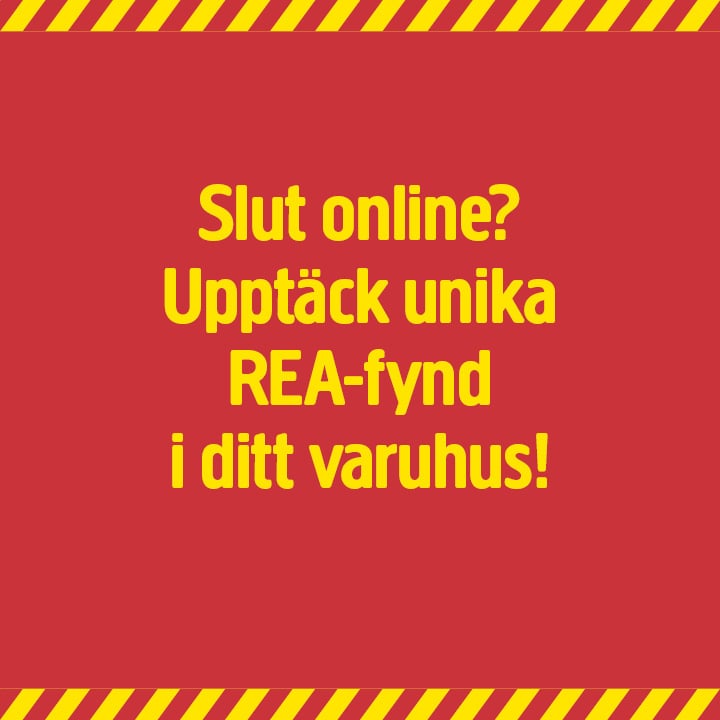 Gul text på röd bakgrund med en gulrandig ram, med texten: Inte online? Upptäck unika erbjudanden i din lokala butik!.