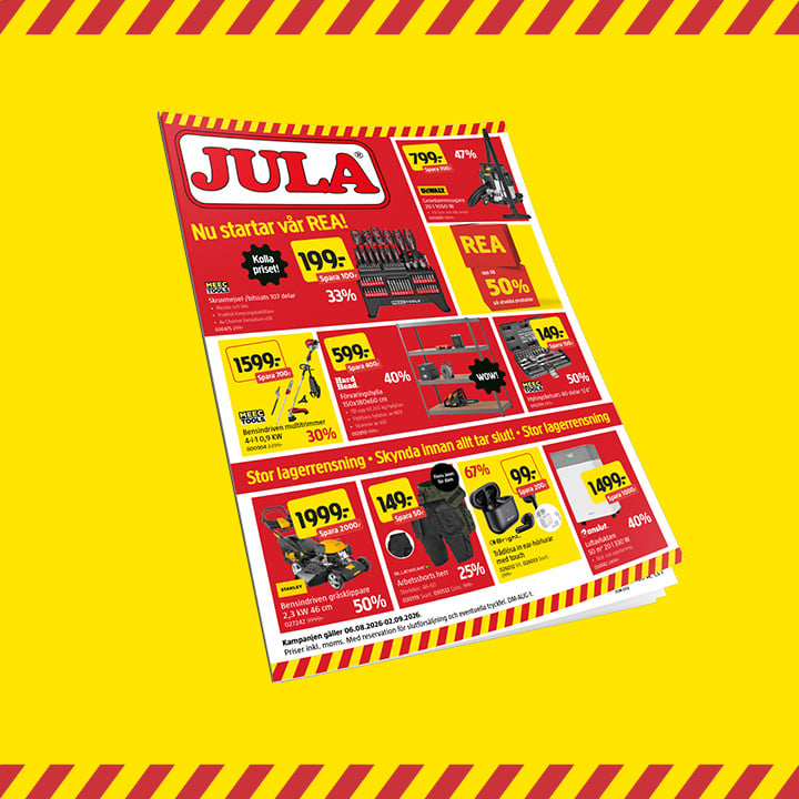 Jula-butikens reklamblad som visar ett urval av verktyg och utrustning till rabatterade priser mot en ljusgul bakgrund med en röd- och gulrandig kant.