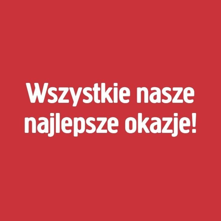 Biały tekst na jednolitym czerwonym tle brzmi: „Wszystkie nasze najlepsze okazje!”. Co oznacza po angielsku: „All our best deals!”.